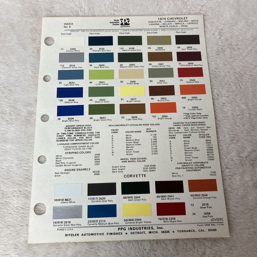 1974 Chevrolet Colors Ditzler PPG Color Chips Color Information Vintage